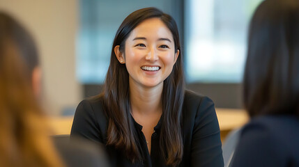 Female supervisor smiling while discussing performance metrics with her team in an informal setting 