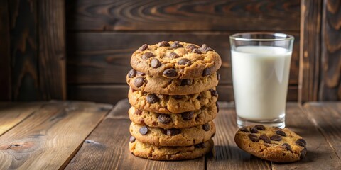 A stack of freshly baked chocolate chip cookies on a rustic wooden surface, paired with a glass of cold milk.