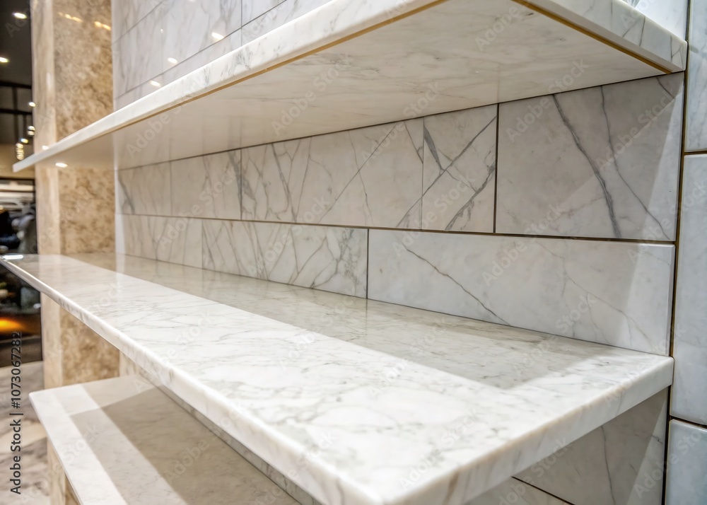 Poster elegant display with empty white marble shelf and marble-like ceramic tiles on background wall for s