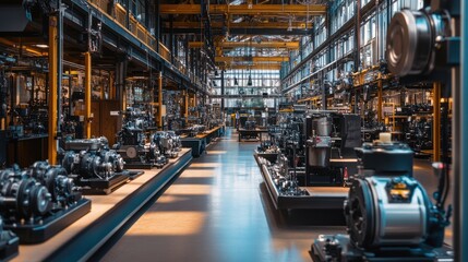 Fototapeta premium Wide-angle view of a motor production factory, with the production line on top displaying motors in various stages of assembly.