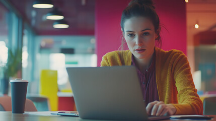 Professional female supervisor looking at digital reports on her laptop in a shared workspace 