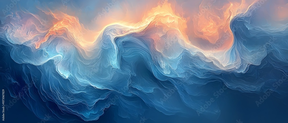 Poster an abstract representation of waves with soft, swirling colors, blending blues and warm oranges, cre