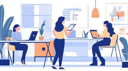 Professional female supervisor with a clipboard, checking team progress in a creative workspace 