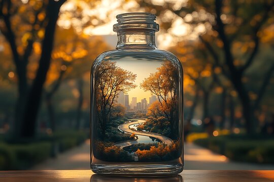 An autumnal park and cityscape captured inside a glass bottle.