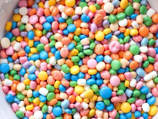Obraz premium A bowl of assorted colorful candy sprinkles in various shapes, sizes, and hues, creating a playful and whimsical effect, candy, texture