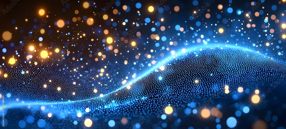 Poster a mesmerizing blend of blue and golden particles creating a fluid, wave-like motion against a dark b