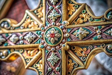 Obraz premium Elegant Macro Photography of a Cross on a Plain Background, Capturing Intricate Details of Texture and Light, Ideal for Spiritual Themes and Artistic Projects