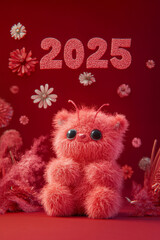 Fototapeta premium New Year Cards: 2025-themed Cute Neon Background Baby Ladybug Illustrations