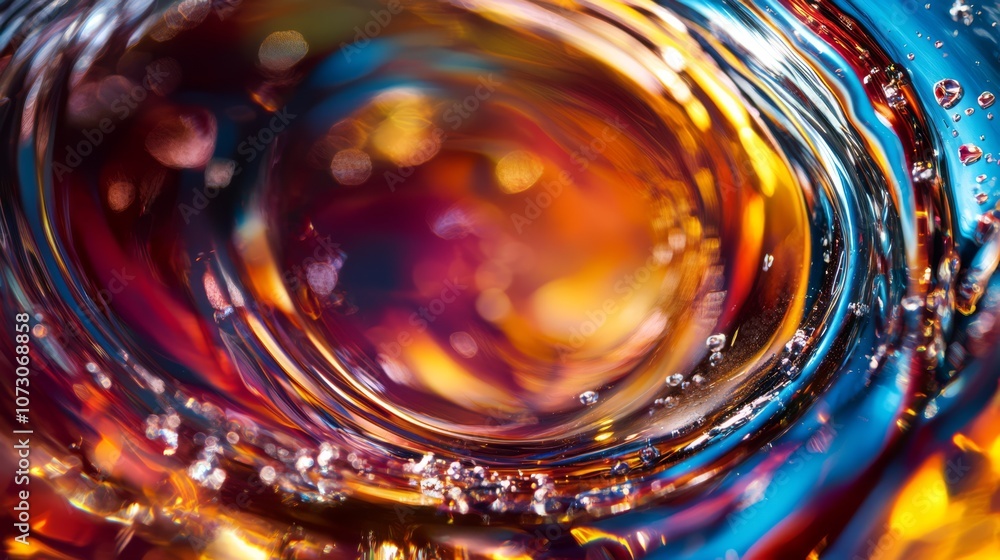 Poster abstract macro shot of swirling liquid with bubbles and colorful bokeh.