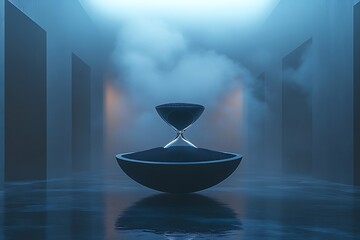 An hourglass in a foggy blue room symbolizing the passage of time