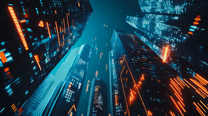 Fototapeta premium Smart digital Innovation city Business skyscrapers in the Financial District with connection network reciprocity over the cityscape. of future smart wireless digital city and social media networking