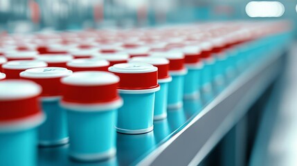 Fototapeta premium A close-up view of colorful containers on a production line in a factory setting.