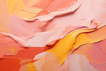 Bright abstract background with thick overlapping brushstrokes oil painting of pink, yellow and orange colors, textured, bold colorful smears of acrylic paint on canvas create with depth and movement