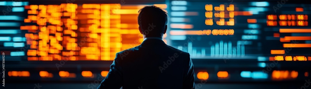 Poster a professional analyzing data on advanced digital screens in a modern workspace setting.