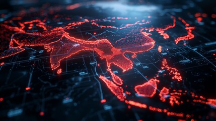 High-tech digital map showing Asia with glowing red lines and dots, symbolizing data connectivity and technological advancement.