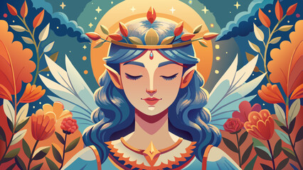 I want to create a picture of an angel's face and hands together, with a warm and compassionate expression. On her head is a beautiful crown of flowers. Create it in a pencil drawing style