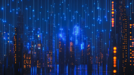 Obraz premium Smart digital Innovation city Business skyscrapers in the Financial District with connection network reciprocity over the cityscape. of future smart wireless digital city and social media networking