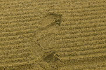 A relief trace of a sneaker on a soft surface of smoothed and cleaned sand with small furrows left...