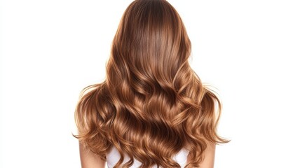Fototapeta premium Beautiful model girl with Brown hair strand,silky healthy chestnut wavy hair strand isolated on white background,hair wavy ribbon, with smooth texture,vibrant shine,brunette hairpiece, hairy ribbon.