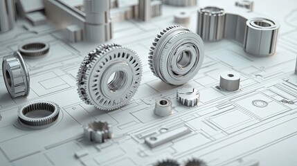 Close-up of Metallic Gears and Cogs on a Technical Drawing