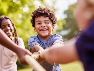 Joyful children engaged in tug of war at the park on a bright sunny day, close up portrait focus