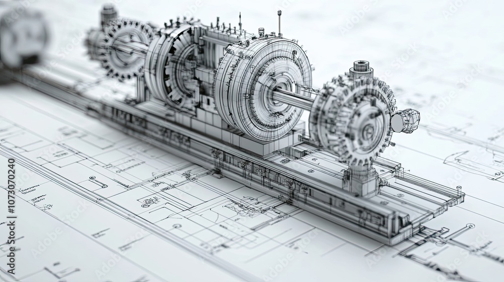 Poster 3d wireframe model of a complex machine on engineering drawings