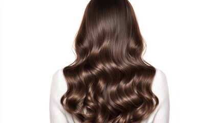 Fototapeta premium Beautiful model girl with Brown hair strand,silky healthy chestnut wavy hair strand isolated on white background,hair wavy ribbon, with smooth texture,vibrant shine,brunette hairpiece, hairy ribbon.
