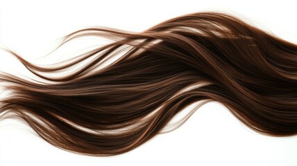 Naklejka premium Brown hair strand,silky healthy chestnut wavy hair strand on white background,hair wavy ribbon, with smooth texture and vibrant shine,brunette hairpiece,hairy ribbon,chignon hair extension.