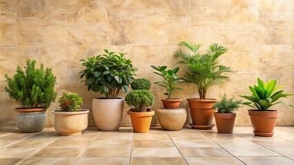Fototapeta premium A group of potted plants sitting on a beige-colored stone patio, outdoor living, calming landscape, garden decor