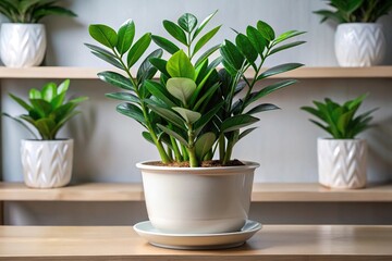 A low-maintenance ZZ plant sits in a compact ceramic pot, its glossy leaves reflecting the surrounding shelves, ZZ plant, minimalist style, office organization, plant care tips