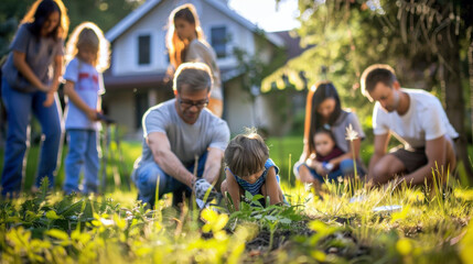 A diverse group of individuals gathers together in a sunny community park to plant new seedlings and nurture the environment. Children and adults work side by side,