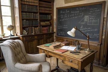 Vintage Study Room with Blackboard and Desk