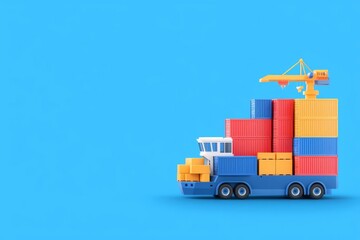 Naklejka premium Colorful toy truck loaded with containers against a vibrant blue background.