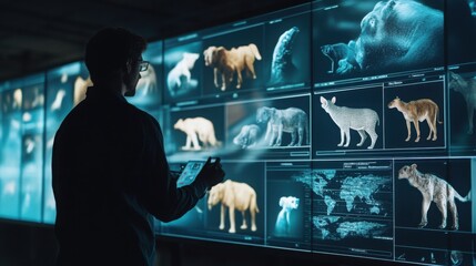 AI interpreting animal behaviors, wildlife data being processed on advanced digital displays