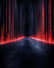 Futuristic corridor with glowing red lights and binary code, representing digital innovation.
