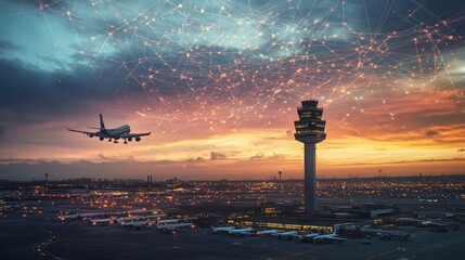 AI managing air traffic control, coordinating flights with real-time data