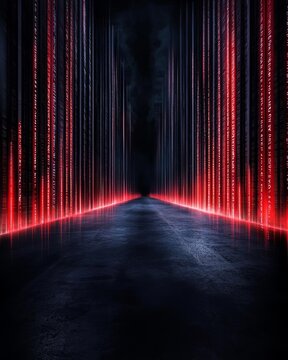 Futuristic corridor with glowing red lights and binary code, representing digital innovation.
