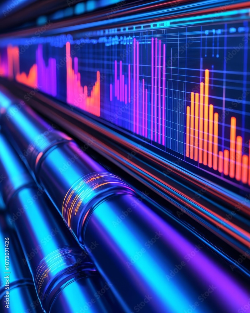 Poster futuristic data visualization displayed on vibrant digital pipes.
