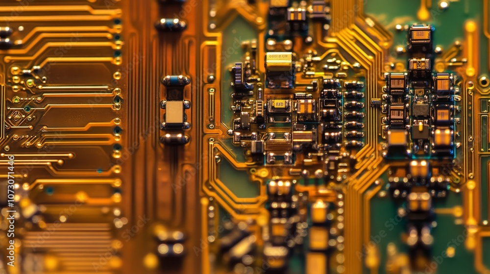 Poster close up of a circuit board with golden colored tracks and components.
