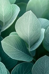 Obraz premium Close-up of delicate green leaves with intricate veining, creating a serene and calming atmosphere. The soft hues enhance the natural beauty of the foliage.
