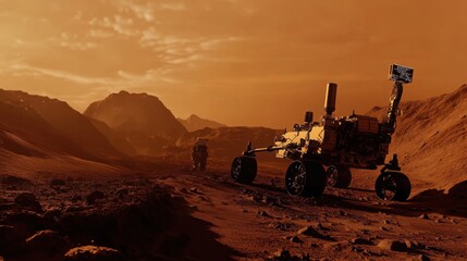 AI navigating a space rover on Mars, remote data being analyzed on Earth