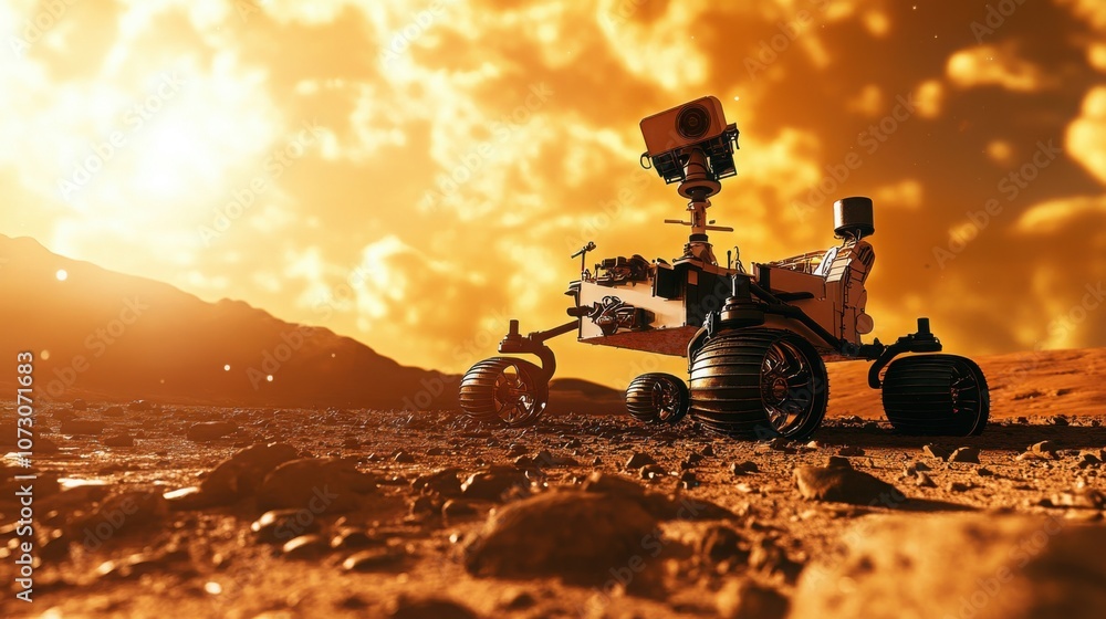 Poster ai navigating a space rover on mars, remote data being analyzed on earth