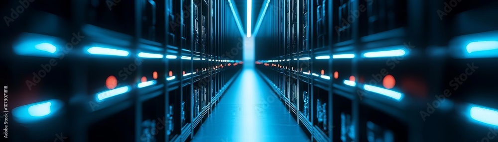 Poster futuristic server room with illuminated pathways and high-tech storage systems.