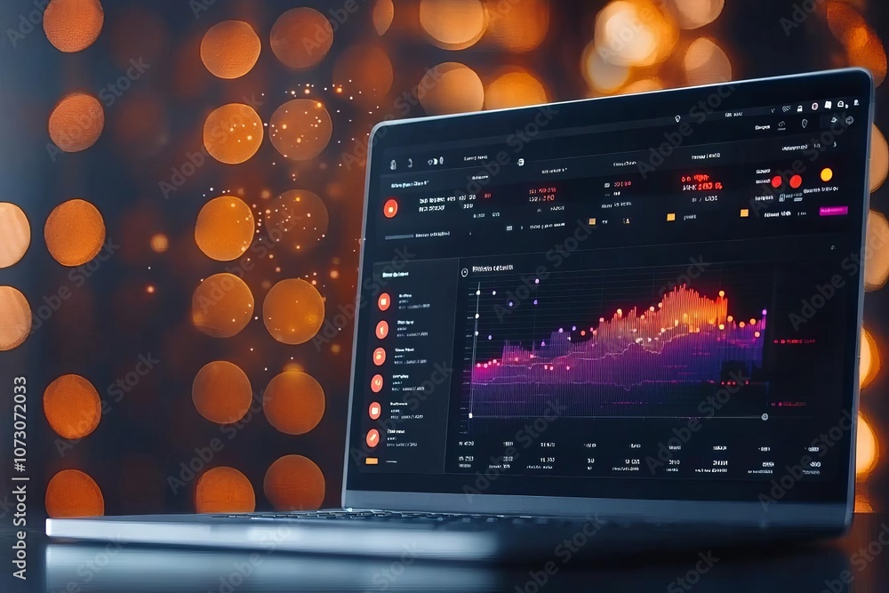 Poster modern laptop displaying vibrant data analytics on a blurred bokeh background.