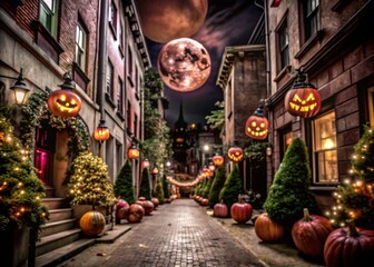 Enchanted Halloween Night in an Urban Setting with Whimsical Decorations and Spooky Atmosphere Capturing the Spirit of a Festive Fall Celebration