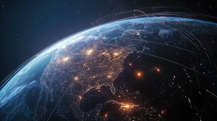 Obraz premium Earth with bright lines connecting cities, symbolizing information flow
