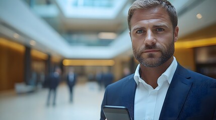 Confident businessman using smartphone in sleek office, professional environment