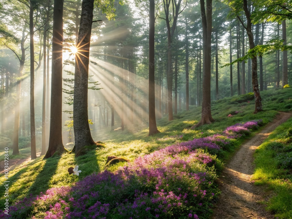 Aufkleber enchanting forest scene with sunbeams filtering through trees, creating dappled light on lush green 