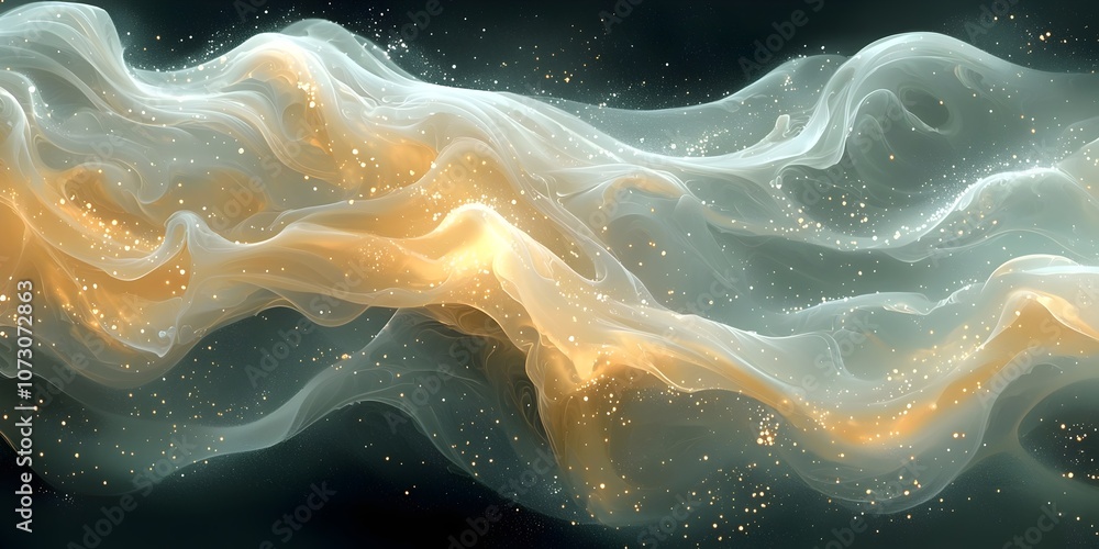 Poster an ethereal, flowing wave of translucent fabric, illuminated with golden sparkles, creating a dreamy
