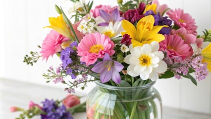 A vibrant arrangement of colorful spring flowers in a vase, garden party, nature, garden, flower crown, lily